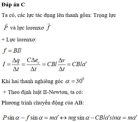 Ban đầu hai thanh kim loại song song thẳng đứng một đầu nối với tụ điện có điện dung C=2 μF . Một đoạn dây dẫn AB có độ dài l = 20cm, khối lượng m = 20g tì vào hai thanh kim loại, tự do trượt không ma sát xuống dưới và luôn vuông góc với hai thanh kim loại trên. Hệ thống đặt trong từ trường đều vuông góc có B = 1T, bỏ qua mọi điện trở. Lúc sau, để thanh kim loại nghiêng so với phương ngang góc 30°, độ lớn và chiều của B như cũ. Đầu AB được được thả từ vị trí cách đầu dưới của thanh kim loại đoạn d = 10cm. Thời gian để AB bắt đầu rời khỏi thanh kim loại là: