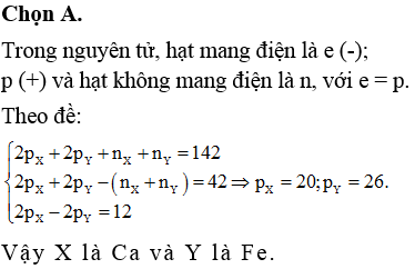 Tổng số hạt trong hai nguyên tử kim loại X và Y là 142, trong đó tổng số hạt mang điện nhiều hơn tổng số hạt không mang điện là 42. Số hạt mang điện của nguyên tử B nhiều hơn số hạt mang điện của nguyên tử A là 12. X và Y là