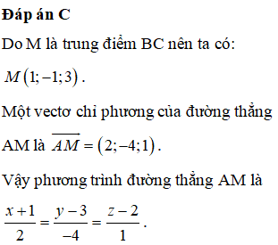 Trong không gian Oxyz, cho tam giác ABC có A−1;3;2, B2;0;5, C0;−2;1. Đường trung tuyến AM của tam giác ABC có phương trình là