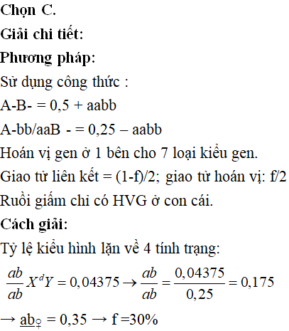 Ở ruồi giấm, mỗi gen quy định một tính trạng, tính trạng trội là trội hoàn toàn, cho phép lai (P)♀ABabXDXd× ♂ABabXDYthu được F<sub>1</sub>có kiểu hình lặn về tất cả các tính trạng chiếm tỉ lệ 4,375%. Theo lí thuyết, có bao nhiêu kết luận sau đây đúng? (I) Tần số hoán vị gen là 30%. (II) Ở F<sub>1</sub>, tỉ lệ cá thể đực mang kiểu hình trội về cả 3 tính trạng là 16,875%. (III) Ở F<sub>1</sub>, tỉ lệ cá thể cái mang kiểu gen dị hợp tử về cả 3 cặp gen là 8,75%. (IV) Ở F<sub>1</sub>, tỉ lệ cá thể mang kiểu hình trội về 2 tính trạng là 22,5%.