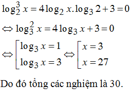 Tổng tất cả các nghiệm của phương trình log32x-4log2x.log32+3=0 bằng