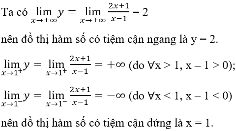 Tìm số tiệm cận đứng và tiệm cận ngang của đồ thị hàm số y=2x+1x-1