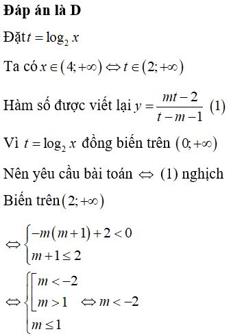 Tìm tất cả các giá trị thực của tham số m để hàm số y = mlog2x - 2log2x - m - 1 nghịch biến trên (4;+¥)