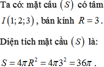 Trong không gian với hệ trục tọa độ Oxyz, cho mặt cầu (S) có phương trình (S):x2+y2+z2-2x-4y-6z+5=0. Tính diện tích mặt cầu (S).