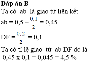 Xét hai cặp NST thường có kí hiệu gen ABabDfdF. Biết rằng trong quá trình giảm phân hình thành giao tử đã xảy ra sự hoán vị gen giữa A và a, giữa f và F. Nếu tần số hoán vị gen giữa A và a là 10% ; tần số hoán vị gen giữa f và F là 20%. Thì loại giao tử ab DF có tỉ lệ bao nhiêu ?