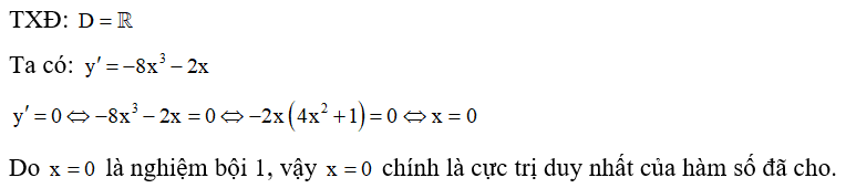 Số điểm cực trị của hàm số y=−2x4−x2+5 là