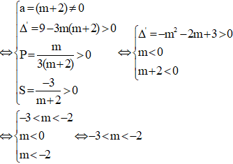 Cho hàm số y = (m + 2)x3 + 3x2 + mx - 5, m là tham số. Tìm các giá trị của m để các điểm cực đại, cực tiểu của đồ thị hàm số đã cho có hoành độ là các số dương