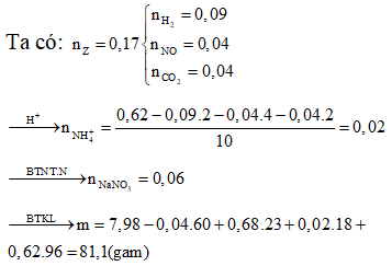 Hòa tan hoàn toàn 7,98 gam hỗn hợp X chứa Mg, Al và MgCO<sub>3</sub> trong dung dịch chứa NaNO<sub>3</sub> và 0,62 mol NaHSO<sub>4</sub>. Sau phản ứng thu được dung dịch Y chỉ chứa m gam các muối trung hòa và 3,808 lít hỗn hợp khí Z gồm H<sub>2</sub>, NO, CO<sub>2</sub> với tỷ lệ mol tương ứng là 9 : 4 : 4. Giá trị của m là: