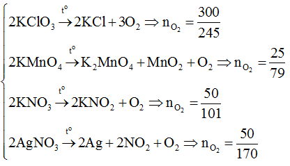 Khi nhiệt phân hoàn toàn 100 gam mỗi chất sau: KClO<sub>3</sub> (xúc tác MnO<sub>2</sub>), KMnO<sub>4</sub>, KNO<sub>3</sub> và AgNO<sub>3</sub>. Chất tạo ra lượng O<sub>2</sub> ít nhất là