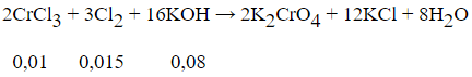 Để oxi hóa hoàn toàn 0,01 mol CrCl<sub>3</sub>thành K<sub>2</sub>CrO<sub>4</sub>bằng Cl<sub>2</sub>khi có mặt KOH, lượng tối thiểu Cl<sub>2</sub>và KOH tương ứng là: