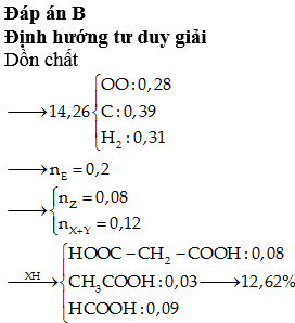 X, Y (MX < MY) là hai hợp chất hữu cơ kế tiếp thuộc dãy đồng đẳng của axit fomic; Z là axit no, hai chức. Lấy 14,26 gam hỗn hợp E chứa X, Y, Z (số mol của Y nhỏ hơn số mol của Z) tác dụng với NaHCO3 vừa đủ thu được 20,42 gam muối. Mặt khác đốt cháy 14,26 gam E, thu được CO2 và H2O có tổng khối lượng 22,74 gam. Phần trăm khối lượng của Y trong hỗn hợp E là