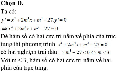 Cho hàm số y=x33+m4x2+ (m3-27)x+1 Tìm các giá trị của tham số m để hàm số có hai cực trị nằm về hai phía của trục tung