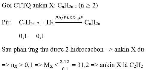 Cho 3,12 gam ankin X phản ứng với 0,1 mol H<sub>2</sub> (xúc tác Pd/PdCO<sub>3</sub>, t°), thu được hỗn hợp Y chỉ có hai hidrocacbon. Công thức phân tử của X là :