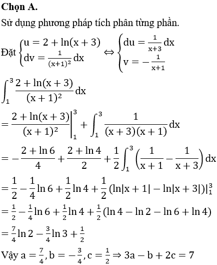 Biết ∫132+ln(x+3)(x+1)2dx =a ln⁡2+b ln⁡3+c (a,b,c∈Q). Giá trị 3a-b+2c bằng