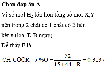 Để hidro hóa hoàn toàn 0,1 mol hỗn hợp 2 chất X, Y không no, mạch hở cần 0,12 mol H<sub>2</sub>. Phản ứng cho ta một sản phẩm Z duy nhất có khả năng tác dụng với Na. Z tác dụng với CH<sub>3</sub>COOH cho ra sản phẩm hữu cơ F trong đó oxi chiếm 31,37% theo khối lượng. Xác định công thức cấu tạo X, Y và % (theo số mol) của X, Y trong hỗn hợp.