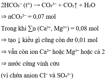 Một cốc nước chứa: Ca<sup>2+</sup> (0,02 mol) ; HCO3- (0,14 mol) ; Na<sup>+</sup> (0,1 mol) ; Mg<sup>2+</sup>(0,06 mol) ; Cl<sup>–</sup> (0,08 mol) ; SO42- (0,02 mol). Đun sôi cốc nước trên cho đến khi các phản ứng xảy ra hoàn toàn thì nước còn lại trong cốc