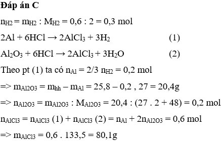 Hòa tan 25,8g hỗn hợp gồm bột Al và Al2O3 trong dung dịch HCl dư. Sau phản ứng người ta thu được 0,6g khí H2. Khối lượng muối AlCl3<sub> </sub>thu được là: