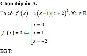 Cho hàm số f(x) có đạo hàm f’(x)=x(x-1)(x+2)2. Số điểm cực trị của hàm số đã cho là: