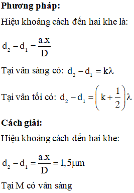 Trong thí nghiệm Young về giao thoa ánh sáng, nguồn sáng gồm các bức xạ có bước sóng lần lượt là λ1=750nm,λ2=675nm và λ3=600nm. Tại điểm M trong vùng giao thoa trên màn mà hiệu khoảng cách đến hai khe bằng 1,5μm có vân sáng của bức xạ