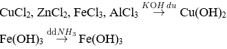 Có 4 dung dịch muối riêng biệt: CuCl2, ZnCl2, FeCl3, AlCl3. Nếu thêm dung dịch KOH dư, rồi thêm tiếp dung dịch NH3 dư vào 4 dung dịch trên thì số chất kết tủa thu được là