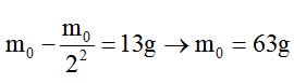 Chất phóng xạ pôlôni phát ra tia α và biến đổi thành chì . Gọi chu kì bán rã của pôlôni là T.Ban đầu (t =0) có một mẫu nguyên chất.Trong khoảng thời gian từ t = 0 đến t= 2T,có 63 mg trong mẫu bị phân rã.Lấy khối lượng nguyên tử tính theo đơn vị u bằng số khối của hạt nhân của nguyên tử đó. Trong khoảng thời gian từ t =2T đến t = 3T, lượng được tạo thành trong mẫu có khối lượng là