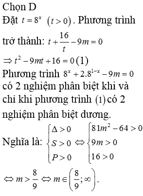 Tập các giá trị của m để phương trình 8x+2.81-x-9m=0 có 2 nghiệm phân biệt