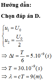 Mạch chọn sóng của một máy thu gồm một tụ điện và cuộn cảm. Khi thu được sóng điện từ có bước sóng l, người ta nhận thấy khoảng thời gian ngắn nhất từ lúc điện áp trên tụ cực đại đến lúc chỉ còn nửa giá trị cực đại là 5 (ns). Biết tốc độ truyền sóng điện từ là 3.108(m/s). Bước sóng l là