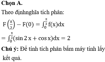 Biết F(x) là một nguyên hàm của hàm số f(x)=sin⁡2 x+cos⁡x. Giá trị F(π/2)-F(0) bằng