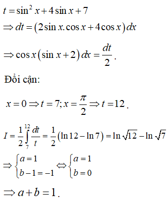 Biết ∫0π2sinx + 2cosxsin2x+4sinx+7dx = aln12 + b-1ln7 với a, b là các số nguyên. Tổng a+b bằng: