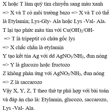 Tiến hành thí nghiệm với các chất X, Y, Z (trong dung dịch) thu được các kết quả như sauBiết T là chất hữu cơ mạch hở. Các chất X, Y, Z, T lần lượt là