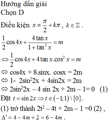 Cho phương trình 12cos4x+4tanx1+tan2x=m. Để phương trình vô nghiệm, các giá trị của tham số m phải thỏa mãn điều kiện: