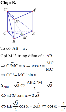 Cho khối lăng trụ tam giác đều ABC.A’B’C’ có SABC'=3. Mặt phẳng (ABC’) tạo với đáy một góc α. Tính cosα để VABC.A’B’C’ lớn nhất.