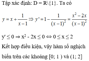 Hàm số y=x2-x+1x-1 nghịch biến trên các khoản