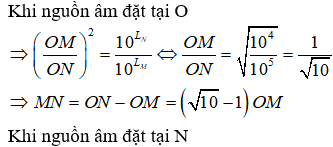 Hai điểm M và N nằm trên một đường thẳng đi qua nguồn âm điểm đặt tại O (O nằm giữa M và N). Biết mức cường độ âm tại M là LM=50dB, tại N là LN=40dB, cường độ âm chuẩn I0=10-12W/m2. Nếu nguồn âm đó đặt tại điểm N thì cường độ âm tại M có giá trị gần giá trị nào sau đây?