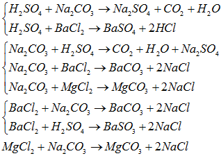 Các dung dịch riêng biệt : Na<sub>2</sub>CO<sub>3</sub>, BaCl<sub>2</sub>, MgCl<sub>2</sub>, H<sub>2</sub>SO<sub>4</sub>, NaOH được đánh số ngẫu nhiên (1), (2), (3), (4), (5). Tiến hành một số thí nghiệm, kết quả được ghi lại trong bảng sau:Dung dịch(1)(2)(4)(5)(1) khí thoát racó kết tủa (2)khí thoát ra có kết tủacó kết tủa(4)có kết tủacó kết tủa (5) có kết tủa Các dung dịch (1), (3), (5) lần lượt là: