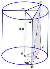 Cho một khối trụ có chiều cao bằng 8 cm, bán kính đường tròn đáy bằng 6 cm. cắt khối trụ bởi một mặt phẳng song song với trục và cách trục 4cm. Diện tích của thiết diện được tạo thành là: