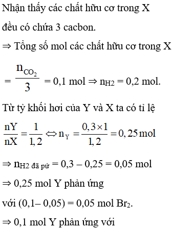Hỗn hợp X gồm hiđro, propen, axit acrylic, ancol anlylic. Đốt cháy hoàn toàn 0,3 mol X, thu được 6,72 lít khí CO<sub>2</sub> (đktc). Đun nóng X với bột Ni một thời gian, thu được hỗn hợp Y. Tỉ khối hơi của Y so với X bằng 1,2. Cho 0,1 mol Y phản ứng vừa đủ với V lit dung dịch Br<sub>2</sub> 0,1M. Giá trị của V là