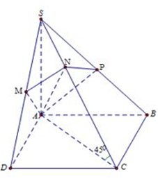 Cho hình chóp S.ABCD có SA vuông góc với mặt phẳng (ABCD) và ABCD là hình vuông cạnh a, góc giữa SC và mặt phẳng (ABCD) bằng 45°. Mặt phẳng α qua A và vuông góc với SC và chia khối chóp S.ABCD thành hai khối đa diện. Gọi V1 là thể tích của khối đa diện có chứa điểm S và V2 là thể tích của khối đa diện còn lại. Tìm tỉ số V1V2?