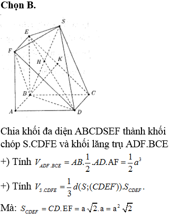 Cho hai hình vuông ABCD và ABEF có cạnh bằng a, lần lượt nằm trên hai mặt phẳng vuông góc với nhau. Lấy điểm H trên đoạn DE sao cho HD = 3HE. Gọi S là điểm đối xứng với B qua H. Thể tích của khối đa diện ABCDSEF bằng