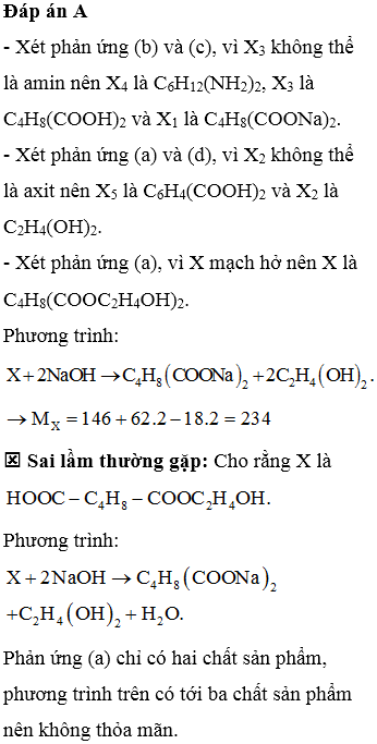 Từ chất hữu cơ mạch hở X, thực hiện các phản ứng theo sơ đồ sau: (a) X+NaOH→X1t°+X2; (b) X1+H2SO4(lloãng)→X3+Na2SO4; (c) X3+X4→t°Nilon-6,6+H2O; (d) X2+X5→t°poli(etylen terephtalat)+ H2O Phân tử khối của X là