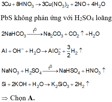 Thực hiện các thí nghiệm sau: (a) Cho đồng kim loại vào dung dịch HNO<sub>3</sub> đặc, nguội. (b) Cho PbS vào dung dịch H<sub>2</sub>SO<sub>4</sub> loãng. (c) Đun nhẹ dung dịch NaHCO<sub>3</sub>. (d) Cho mẩu nhôm vào dung dịch Ba(OH)<sub>2</sub>. (e) Cho dung dịch H<sub>2</sub>SO<sub>4</sub> đặc tác dụng với muối NaNO<sub>3</sub> (rắn), đun nóng. (f) Cho Si tác dụng với dung dịch KOH loãng. Số thí nghiệm tạo ra chất khí là: