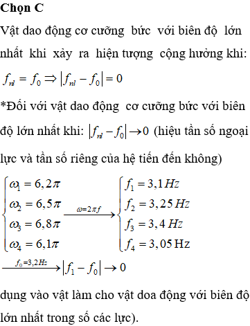 Một con lắc lò xo dao động điều hòa tự do với tần số f = 3,2Hz. Lần lượt tác dụng lên vật các ngoại lực bt tuần hoàn F1cos(6,2πt) N, F2cos(6,5πt) N, F3cos(6,8πt) N, F4 cos(6,1πt) N. Vật dao động cơ cưỡng bức với biên độ lớn nhất khi chịu tác dụng của lực