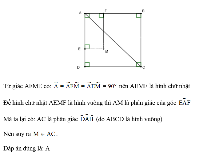 Cho hình vuông ABCD. M là điểm nằm trong hình vuông. Gọi E, F lần lượt là hình chiếu của M trên cạnh AB và AD. Tứ giác AEMF là hình vuông khi