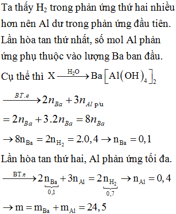 Hỗn hợp X gồm Ba và Al. Cho m gam X vào nước dư, sau khi các phản ứng xảy ra hoàn toàn, thu được 8,96 lít khí H<sub>2</sub> (đktc). Mặt khác, hòa tan hoàn toàn m gam X bằng dung dịch NaOH, thu được 15,68 lít khí H<sub>2</sub> (đktc). Giá trị của m là