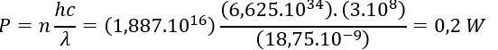 Nguồn sáng đơn sắc phát ra 1,887.1016 photon có bước sóng 18,75 nm trong mỗi giây. Công suất của nguồn là