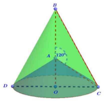 Cho tam giác ABC có \(\widehat A = 120^\circ ,\) AB = AC = a. Quay tam giác ABC (bao gồm điểm trong tam giác) quanh đường thẳng AB ta được một khối tròn xoay. Thể tích khối tròn xoay đó bằng: