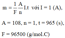Một bình điện phân đựng dung dịch AgNO3, cường độ dòng điện chạy qua bình điện phân là I = 1 (A). Cho AAg=108 (đvc), nAg= 1. Lượng Ag bám vào catốt trong thời gian 16 phút 5 giây là: