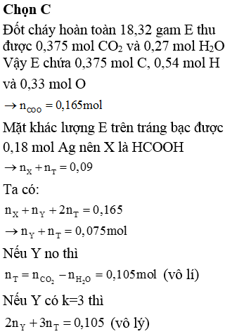 Cho X, Y là hai axit cacboxylic đơn chức mạch hở (M<sub>X</sub> < M<sub>Y</sub>); T là este hai chức tạo bởi X, Y và một ancol no mạch hở Z. Đốt cháy hoàn toàn 10,32 gam hỗn hợp E gồm X, Y, T bằng một lượng vừa đủ O<sub>2</sub>, thu được 8,4 lít CO<sub>2</sub> (đktc) và 4,86 gam nước. Mặt khác 10,32 gam E tác dụng với dung dịch AgNO<sub>3</sub>/NH<sub>3</sub> dư thu được 19,44 gam Ag. Khối lượng rắn khan thu được khi cho cùng lượng E trên tác dụng với 150 ml dung dịch KOH 1,5M là