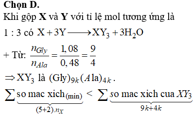 Hỗn hợp M gồm một peptit X và một peptit Y đều mạch hở (được cấu tạo từ 1 loại amino axit, tổng số nhóm –CO-NH- trong 2 phân tử là 5) với tỉ lệ mol X : Y = 1 : 3. Khi thủy phân hoàn toàn m gam M thu được 81 gam glyxin và 42,72 gam alanin. Giá trị của m là