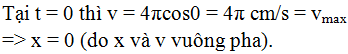 Một chất điểm dao động điều hòa có phương trình vận tốc v = 4πcos2πt (cm/s). Gốc tọa độ ở vị trí cân bằng. Mốc thời gian được chọn vào lúc chất điểm có li độ và vận tốc là